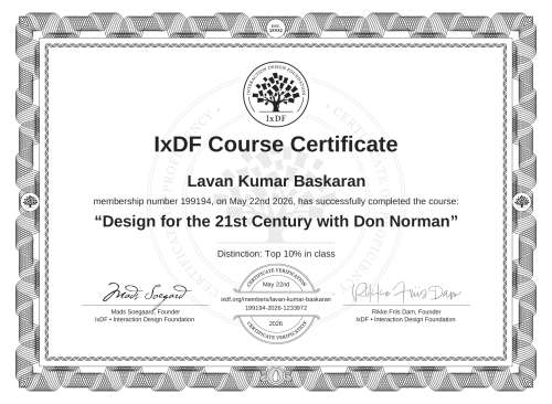 Design for the 21st Century with Don Norman certificate