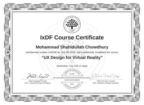 UX Design for Virtual Reality certificate