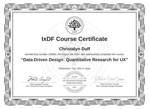 IxDF Course Certificate awarded to Christalyn Duff for completing the "Data-Driven Design: Quantitative Research for UX" course