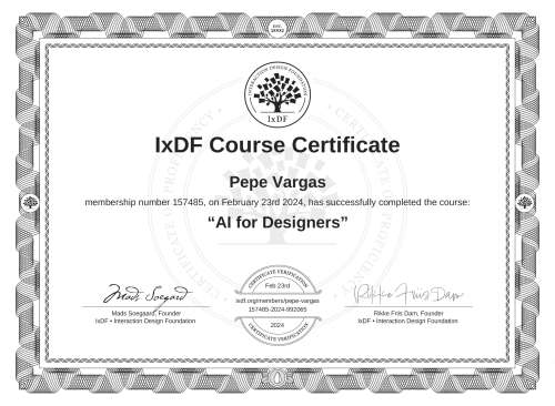 IxDF Course Certificate awarded to Pepe Vargas for completing the "AI for Designers" course