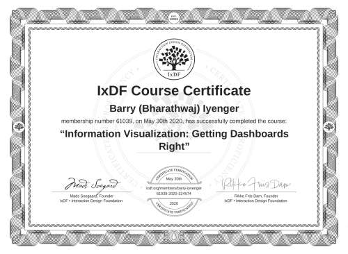 Information Visualization: Getting Dashboards Right certificate