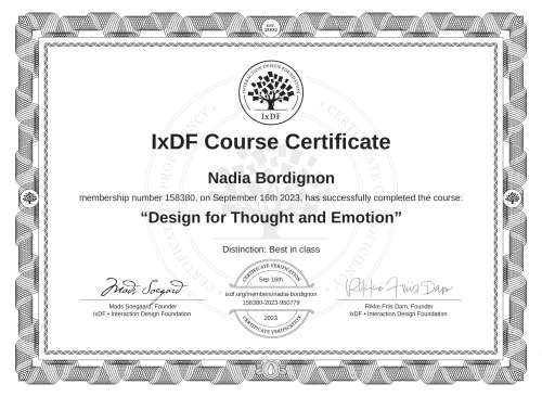 Design for Thought and Emotion certificate