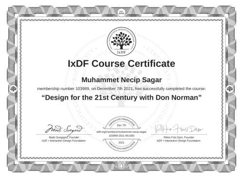 Design for the 21st Century with Don Norman certificate