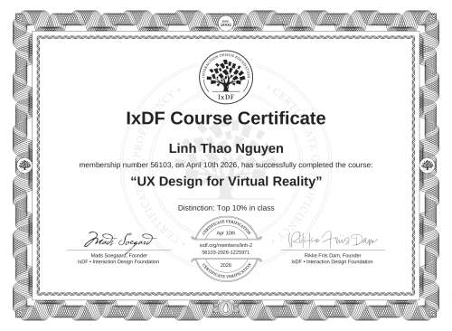 UX Design for Virtual Reality certificate