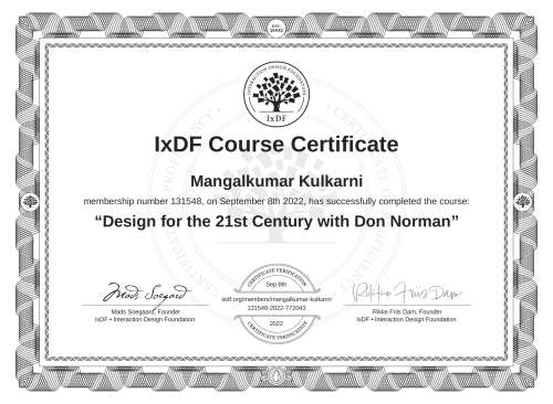 Design for the 21st Century with Don Norman certificate