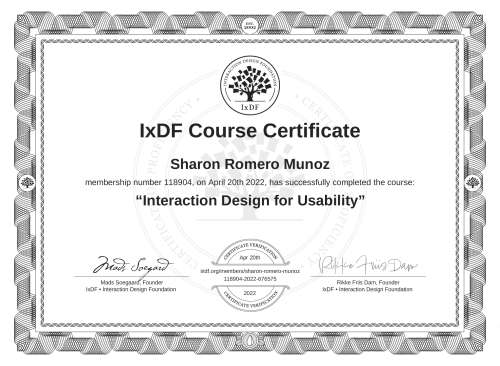 Interaction Design for Usability certificate