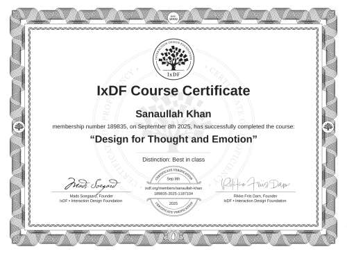 IxDF Course Certificate awarded to Sanaullah Khan for completing the "Design for Thought and Emotion" course