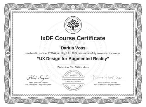 IxDF Course Certificate awarded to Darius Voss for completing the "UX Design for Augmented Reality" course