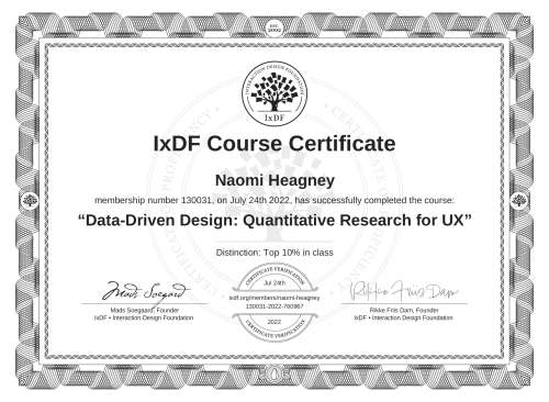 IxDF Course Certificate awarded to Naomi Heagney for completing the "Data-Driven Design: Quantitative Research for UX" course
