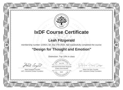 Design for Thought and Emotion certificate