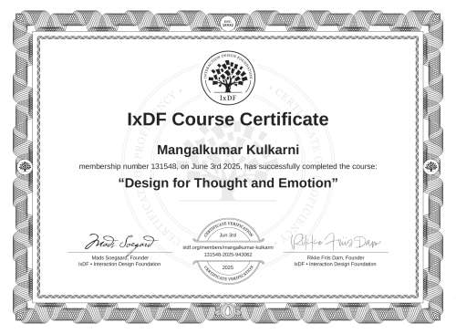 Design for Thought and Emotion certificate