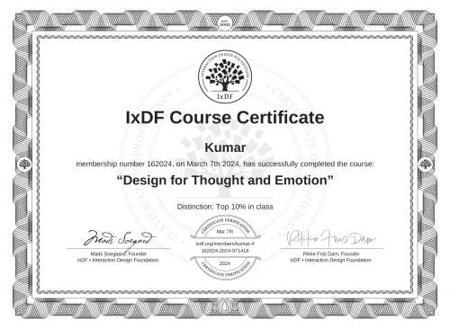 Design for Thought and Emotion certificate