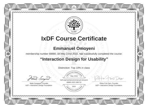 Interaction Design for Usability certificate