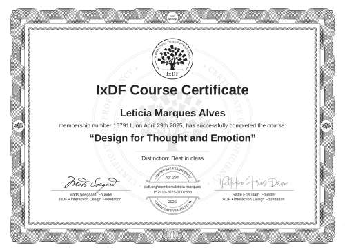 Design for Thought and Emotion certificate