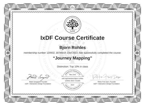 IxDF Course Certificate awarded to Björn Rohles for completing the "Journey Mapping" course