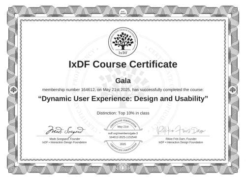 Dynamic User Experience: Design and Usability certificate