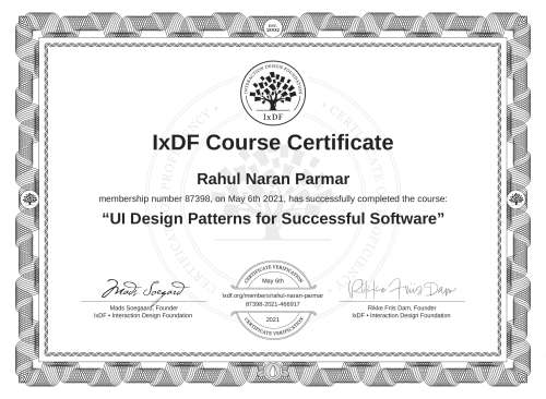 UI Design Patterns for Successful Software certificate