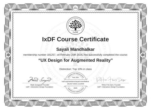 UX Design for Augmented Reality certificate