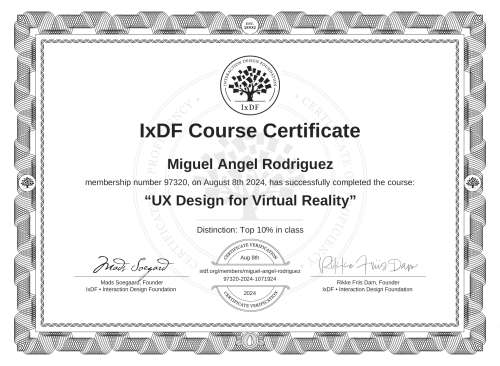UX Design for Virtual Reality certificate