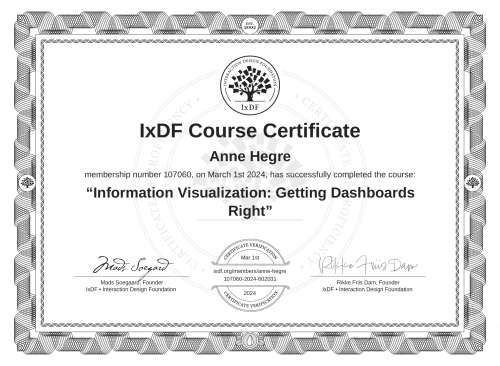 Information Visualization: Getting Dashboards Right certificate
