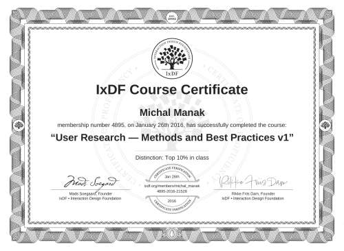 User Research — Methods and Best Practices v1 certificate