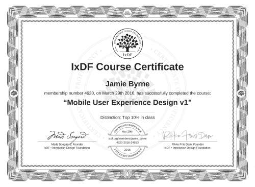 Mobile User Experience Design v1 certificate