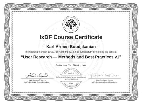 User Research — Methods and Best Practices v1 certificate