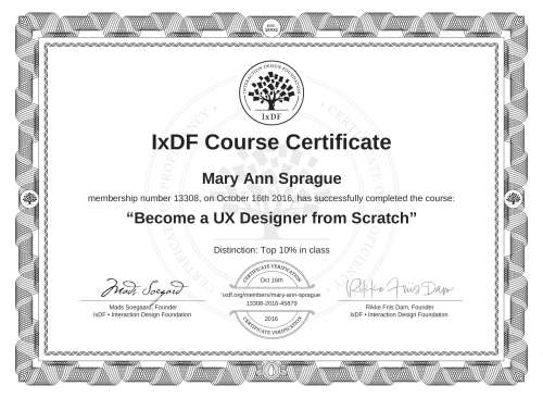 IxDF Course Certificate awarded to Mary Ann Sprague for completing the "Become a UX Designer from Scratch" course