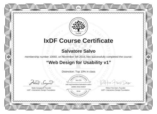 IxDF Course Certificate awarded to Salvatore Salvo for completing the "Web Design for Usability v1" course