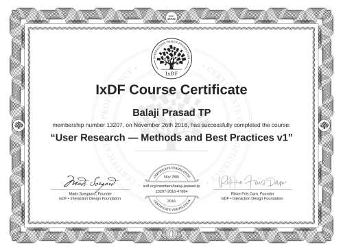 User Research — Methods and Best Practices v1 certificate