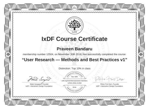 User Research — Methods and Best Practices v1 certificate