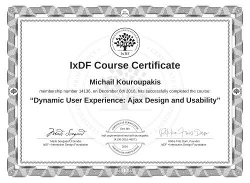 Dynamic User Experience: Ajax Design and Usability certificate