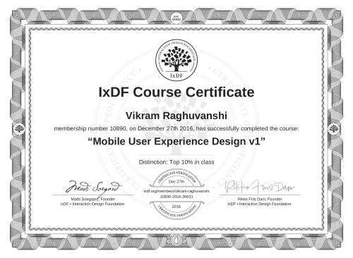 Mobile User Experience Design v1 certificate