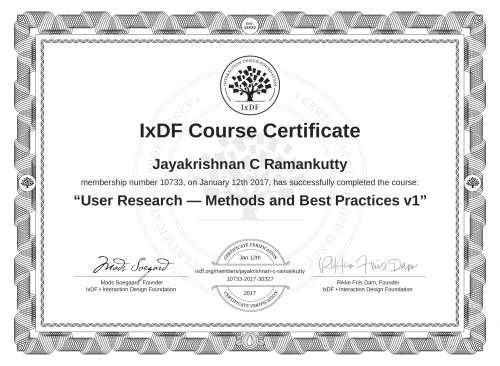User Research — Methods and Best Practices v1 certificate