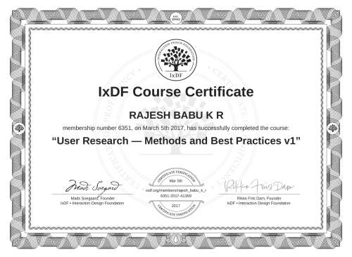 User Research — Methods and Best Practices v1 certificate