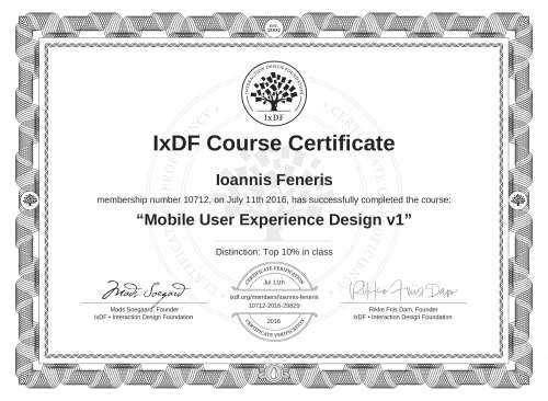 Mobile User Experience Design v1 certificate