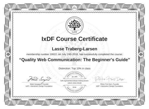 IxDF Course Certificate awarded to Lasse Traberg-Larsen for completing the "Quality Web Communication: The Beginner's Guide" course