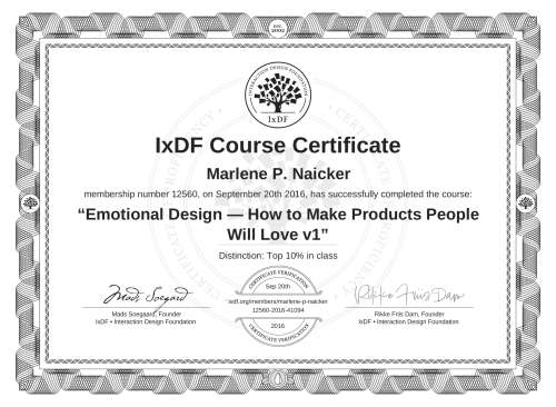 IxDF Course Certificate awarded to Marlene P. Naicker for completing the "Emotional Design — How to Make Products People Will Love v1" course