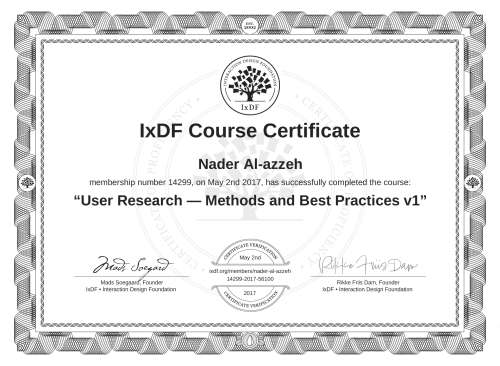 User Research — Methods and Best Practices v1 certificate