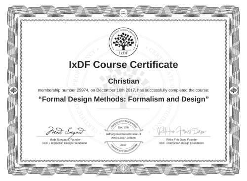 Formal Design Methods: Formalism and Design certificate
