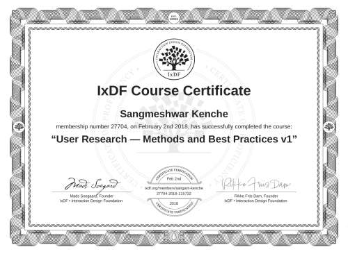 User Research — Methods and Best Practices v1 certificate