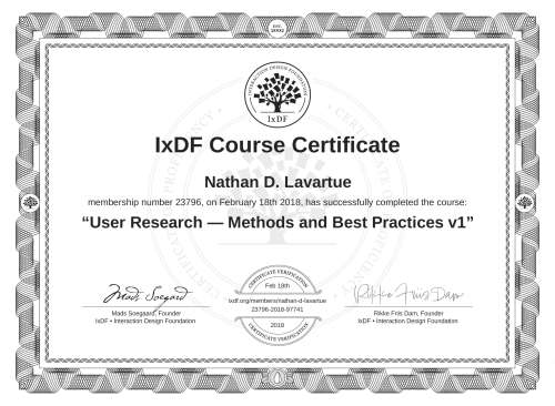User Research — Methods and Best Practices v1 certificate