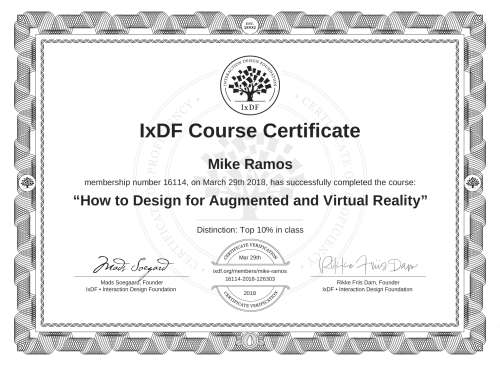 How to Design for Augmented and Virtual Reality certificate