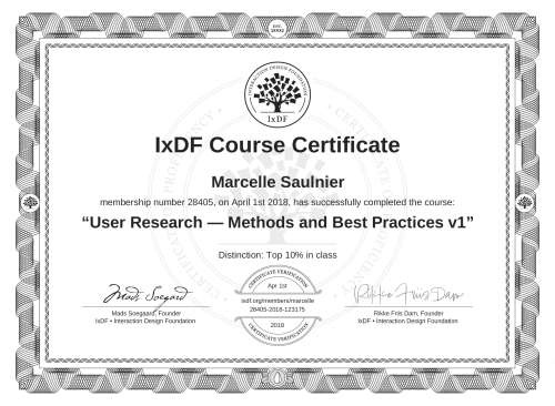 User Research — Methods and Best Practices v1 certificate
