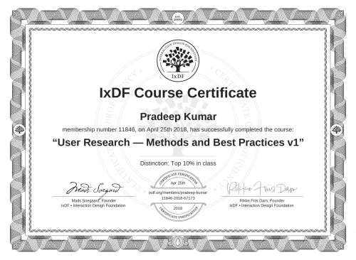 User Research — Methods and Best Practices v1 certificate