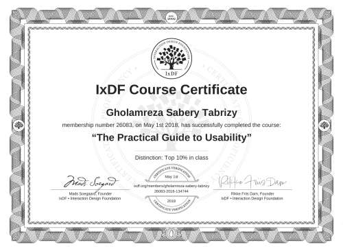 The Practical Guide to Usability certificate