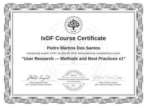 User Research — Methods and Best Practices v1 certificate