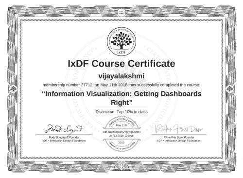 Information Visualization: Getting Dashboards Right certificate