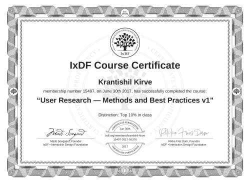 User Research — Methods and Best Practices v1 certificate