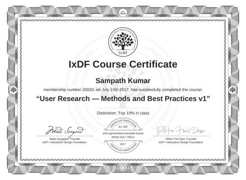User Research — Methods and Best Practices v1 certificate